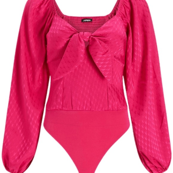nwt EXPRESS satin jacquard tie front blouse shirt bodysuit in neon pink berry - Picture 5 of 8